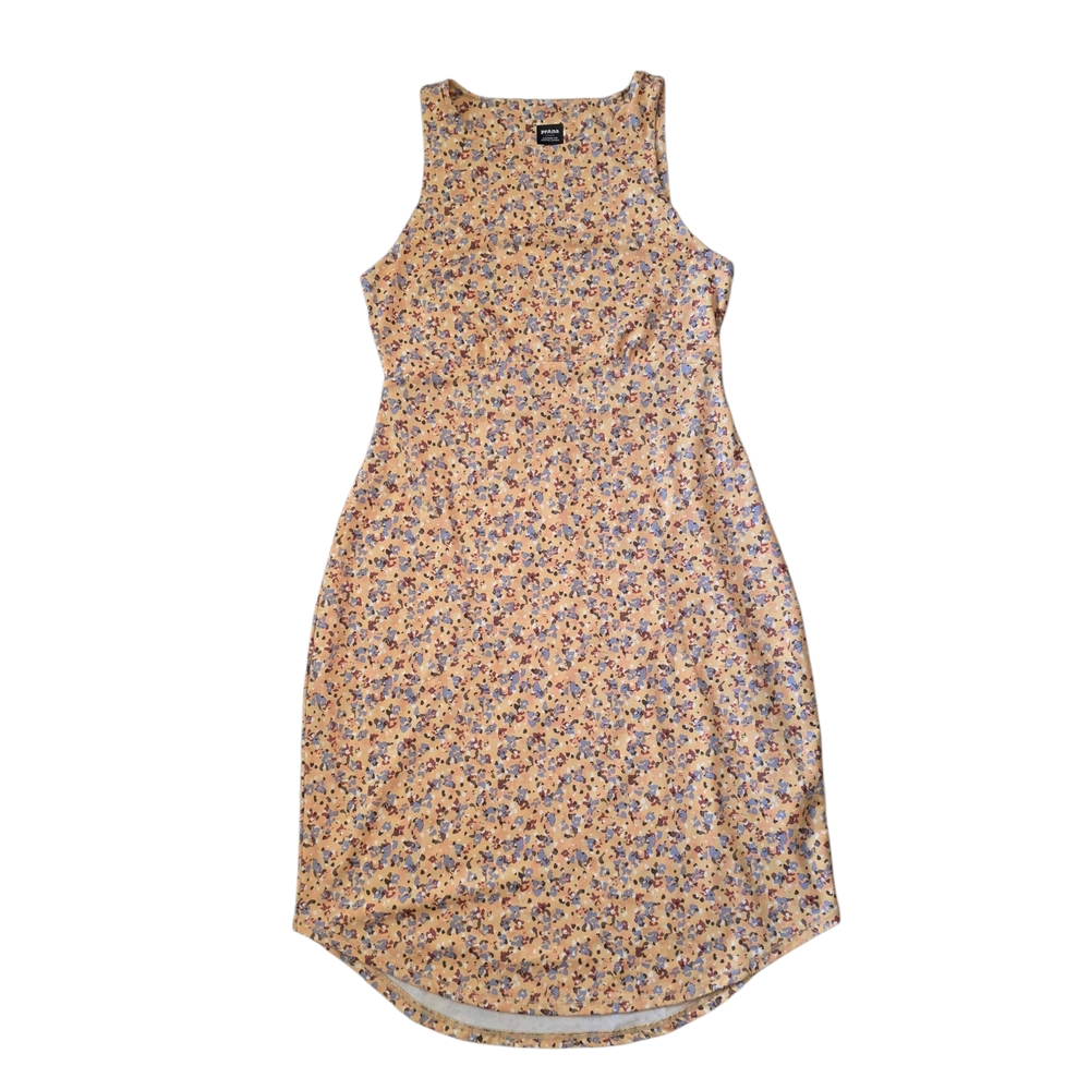 Prana Floral Dress Athletic Stretch Yellow Sleeveless Pockets Knee Length Comfy